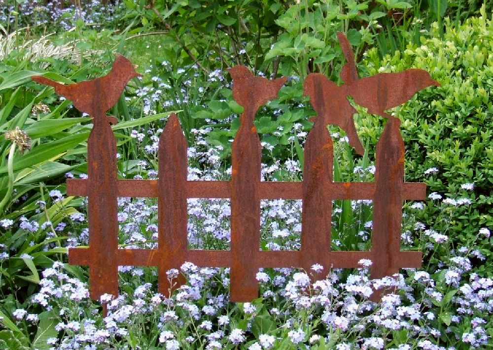 Beeteinfassung Zaun mit 3 od. 4 Vögeln Dekoelement Edelrost